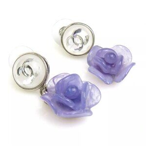 Auth CHANEL CC Logo Camellia Pierce Earrings Silver/Purple/White Resin